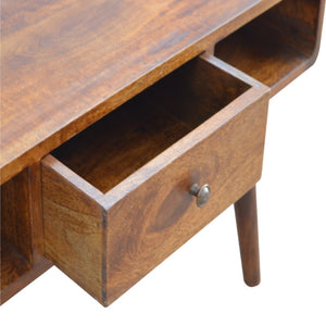 HomeRoots 34" Chestnut Solid Wood Coffee Table with Storage Drawers & Open Shelves for Stylish Living Spaces 657353