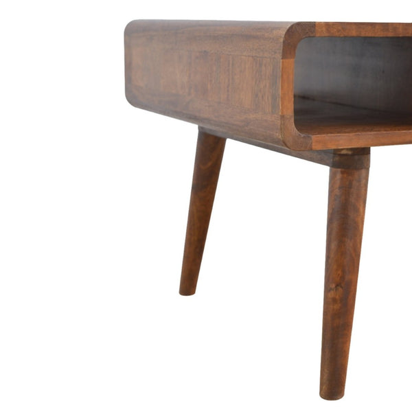 HomeRoots 34" Chestnut Solid Wood Coffee Table with Storage Drawers & Open Shelves for Stylish Living Spaces 657353