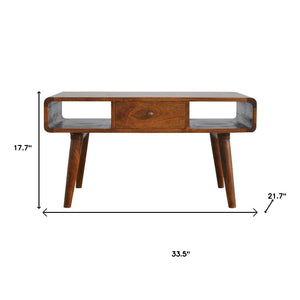HomeRoots 34" Chestnut Solid Wood Coffee Table with Storage Drawers & Open Shelves for Stylish Living Spaces 657353