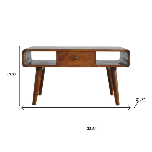 HomeRoots 34" Chestnut Solid Wood Coffee Table with Storage Drawers & Open Shelves for Stylish Living Spaces 657353