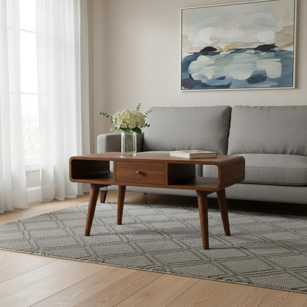 HomeRoots 34" Chestnut Solid Wood Coffee Table with Storage Drawers & Open Shelves for Stylish Living Spaces 657353