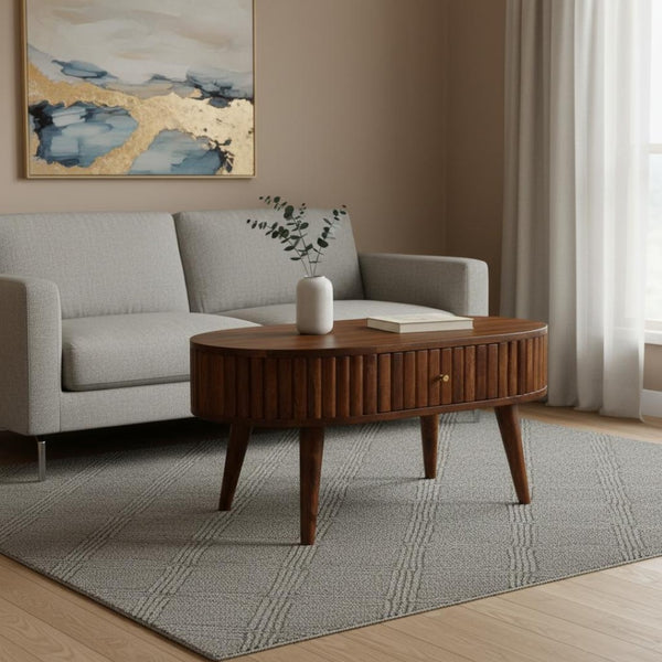 HomeRoots 32" Chestnut Solid Wood Oval Coffee Table - Elegant Design with Hidden Storage for Modern Living Spaces 657356