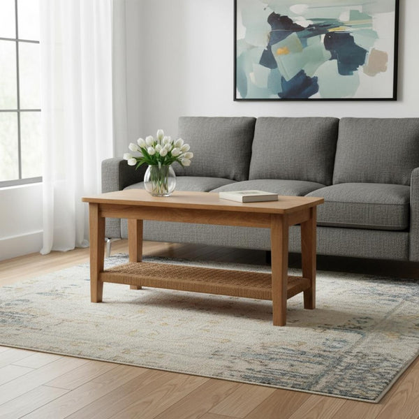 HomeRoots 35" Oak Solid Wood Coffee Table with Storage Shelf - Timeless Design for Living Rooms & Offices 657357