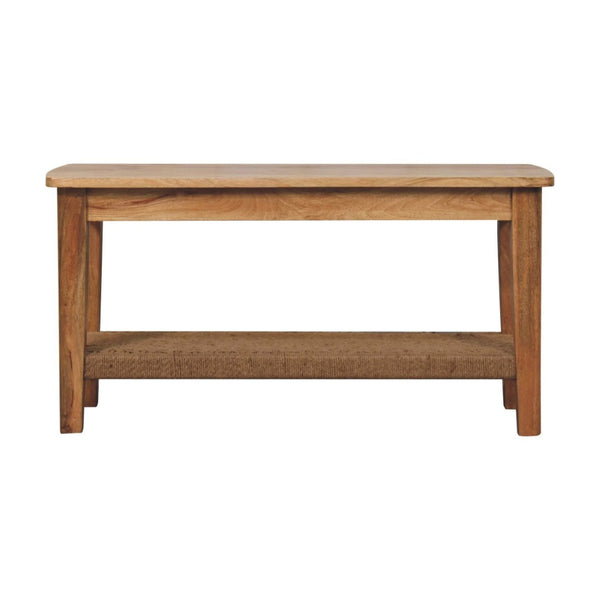HomeRoots 35" Oak Solid Wood Coffee Table with Storage Shelf - Timeless Design for Living Rooms & Offices 657357