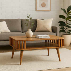 HomeRoots 33" Oak Solid Wood Coffee Table with Elegant Shelf for Modern Living Rooms & Versatile Use 657358