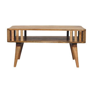 HomeRoots 33" Oak Solid Wood Coffee Table with Elegant Shelf for Modern Living Rooms & Versatile Use 657358