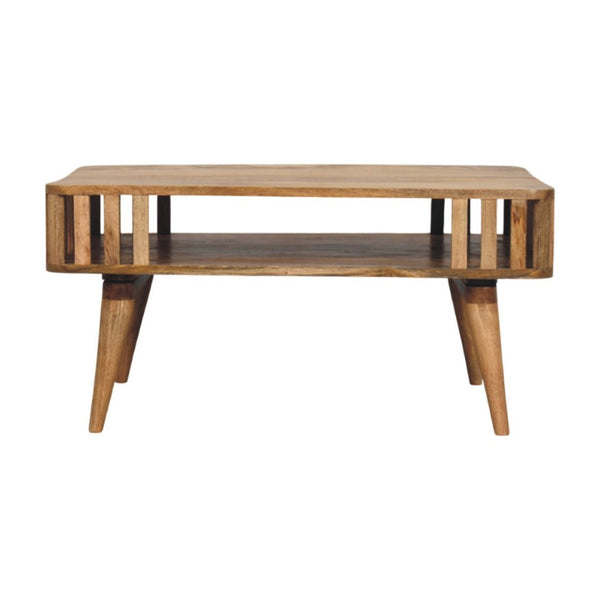 HomeRoots 33" Oak Solid Wood Coffee Table with Elegant Shelf for Modern Living Rooms & Versatile Use 657358