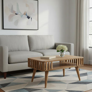 HomeRoots 33" Oak Solid Wood Coffee Table with Elegant Shelf for Modern Living Rooms & Versatile Use 657358