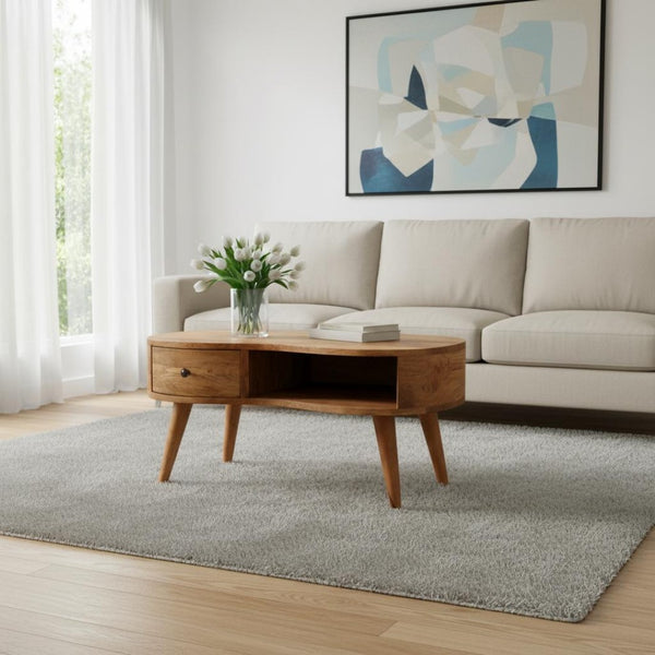 HomeRoots 32" Oak Solid Wood Free Form Coffee Table with Drawer & Shelf – Stylish Storage for Any Space 657359