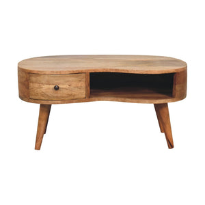 HomeRoots 32" Oak Solid Wood Free Form Coffee Table with Drawer & Shelf – Stylish Storage for Any Space 657359