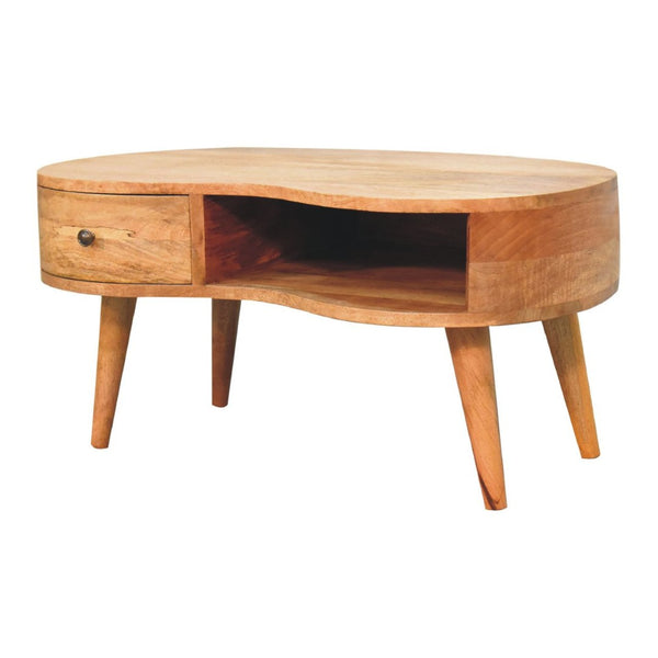 HomeRoots 32" Oak Solid Wood Free Form Coffee Table with Drawer & Shelf – Stylish Storage for Any Space 657359