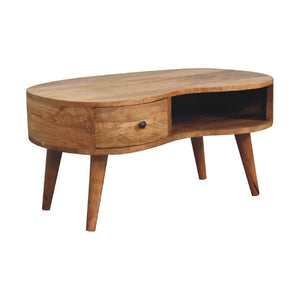 HomeRoots 32" Oak Solid Wood Free Form Coffee Table with Drawer & Shelf – Stylish Storage for Any Space 657359