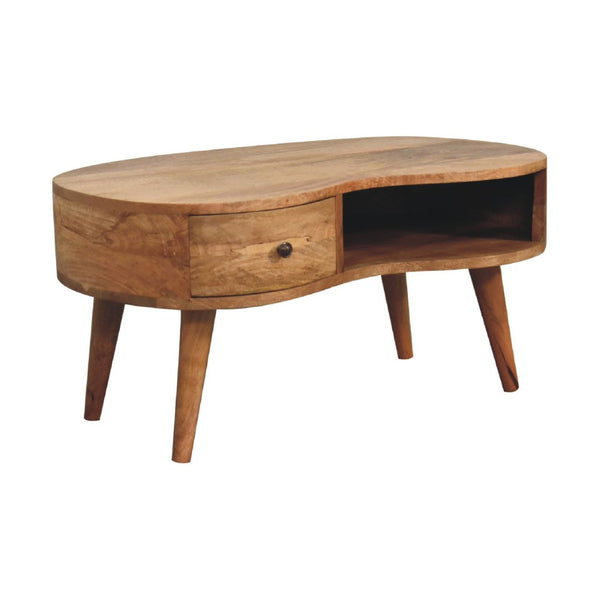 HomeRoots 32" Oak Solid Wood Free Form Coffee Table with Drawer & Shelf – Stylish Storage for Any Space 657359