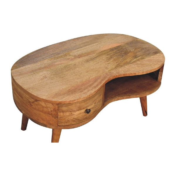 HomeRoots 32" Oak Solid Wood Free Form Coffee Table with Drawer & Shelf – Stylish Storage for Any Space 657359