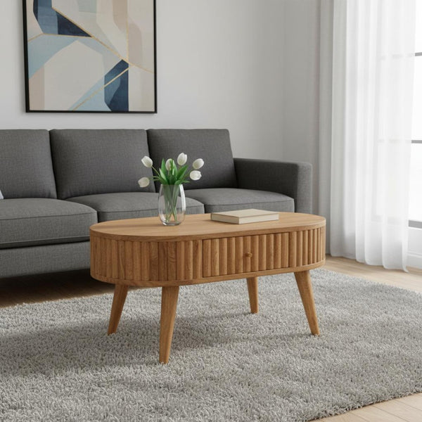 HomeRoots 32" Elegant Oak Solid Wood Oval Coffee Table with 2 Drawers - Timeless Design for Any Space 657360