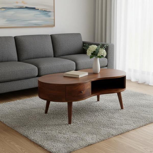 HomeRoots 41" Chestnut Solid Wood Free Form Coffee Table with Unique Storage, Modern Design & Natural Finish 657361