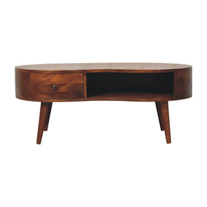 HomeRoots 41" Chestnut Solid Wood Free Form Coffee Table with Unique Storage, Modern Design & Natural Finish 657361
