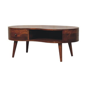 HomeRoots 41" Chestnut Solid Wood Free Form Coffee Table with Unique Storage, Modern Design & Natural Finish 657361