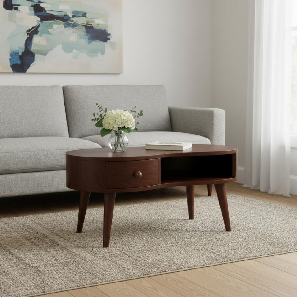 HomeRoots 32" Walnut Free Form Coffee Table with Drawer & Shelf – Stylish Solid Wood Centerpiece for Any Room 657362
