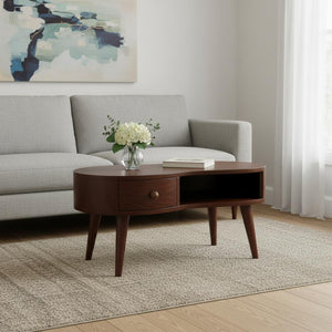 HomeRoots 32" Walnut Free Form Coffee Table with Drawer & Shelf – Stylish Solid Wood Centerpiece for Any Room 657362