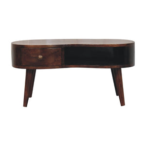 HomeRoots 32" Walnut Free Form Coffee Table with Drawer & Shelf – Stylish Solid Wood Centerpiece for Any Room 657362