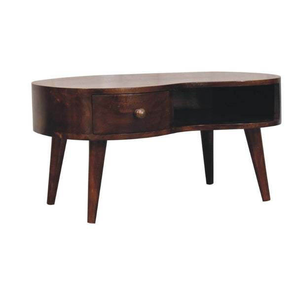 HomeRoots 32" Walnut Free Form Coffee Table with Drawer & Shelf – Stylish Solid Wood Centerpiece for Any Room 657362