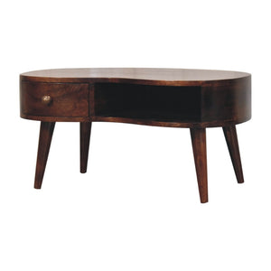 HomeRoots 32" Walnut Free Form Coffee Table with Drawer & Shelf – Stylish Solid Wood Centerpiece for Any Room 657362