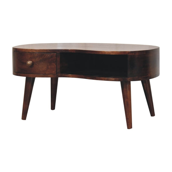 HomeRoots 32" Walnut Free Form Coffee Table with Drawer & Shelf – Stylish Solid Wood Centerpiece for Any Room 657362