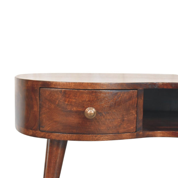 HomeRoots 32" Walnut Free Form Coffee Table with Drawer & Shelf – Stylish Solid Wood Centerpiece for Any Room 657362