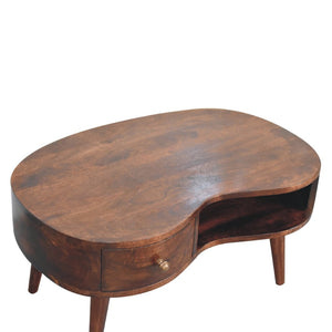 HomeRoots 32" Walnut Free Form Coffee Table with Drawer & Shelf – Stylish Solid Wood Centerpiece for Any Room 657362