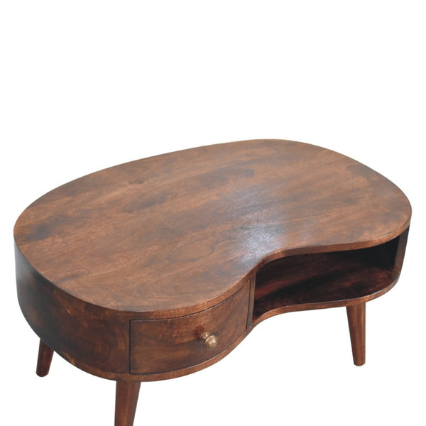 HomeRoots 32" Walnut Free Form Coffee Table with Drawer & Shelf – Stylish Solid Wood Centerpiece for Any Room 657362