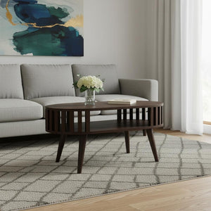 HomeRoots 32" Elegant Walnut Solid Wood Oval Coffee Table with Lower Shelf for Stylish Living Spaces 657363