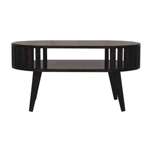 HomeRoots 32" Elegant Walnut Solid Wood Oval Coffee Table with Lower Shelf for Stylish Living Spaces 657363