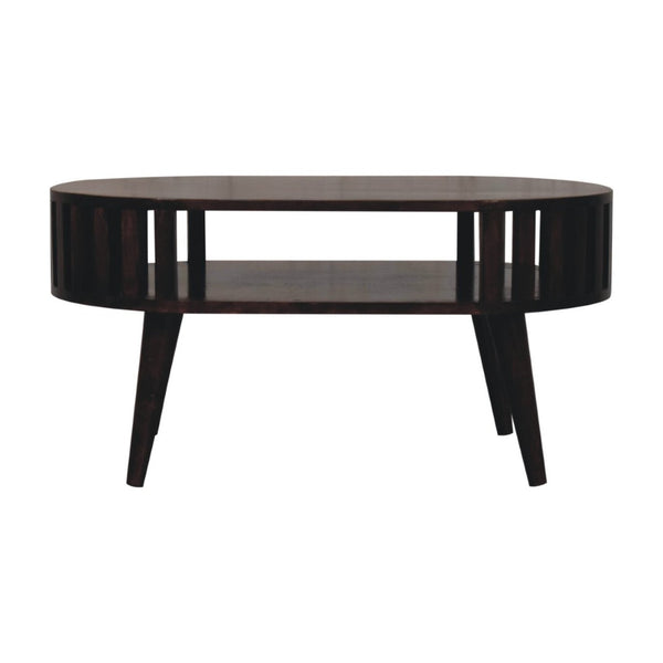 HomeRoots 32" Elegant Walnut Solid Wood Oval Coffee Table with Lower Shelf for Stylish Living Spaces 657363