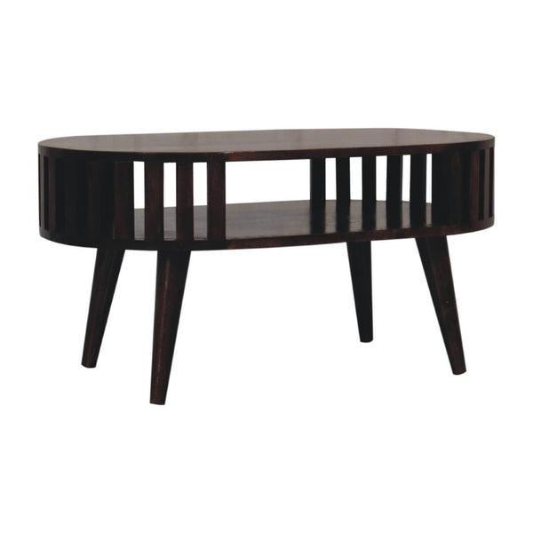 HomeRoots 32" Elegant Walnut Solid Wood Oval Coffee Table with Lower Shelf for Stylish Living Spaces 657363