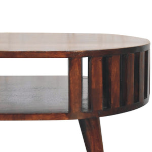 HomeRoots 32" Elegant Walnut Solid Wood Oval Coffee Table with Lower Shelf for Stylish Living Spaces 657363