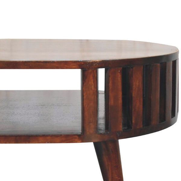 HomeRoots 32" Elegant Walnut Solid Wood Oval Coffee Table with Lower Shelf for Stylish Living Spaces 657363