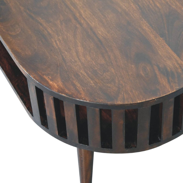 HomeRoots 32" Elegant Walnut Solid Wood Oval Coffee Table with Lower Shelf for Stylish Living Spaces 657363