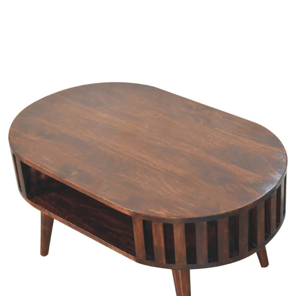 HomeRoots 32" Elegant Walnut Solid Wood Oval Coffee Table with Lower Shelf for Stylish Living Spaces 657363