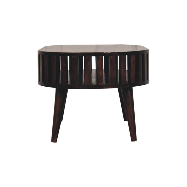 HomeRoots 32" Elegant Walnut Solid Wood Oval Coffee Table with Lower Shelf for Stylish Living Spaces 657363