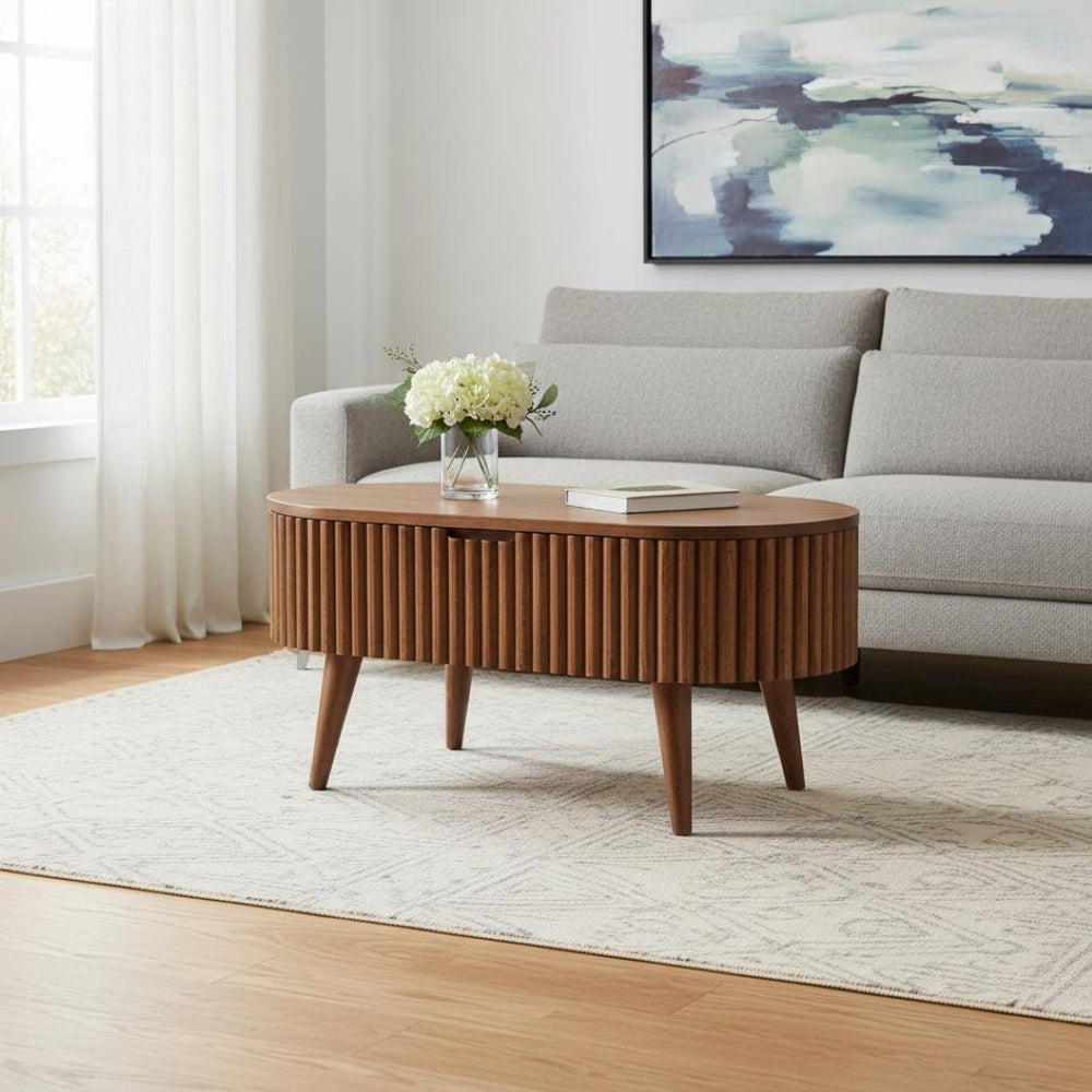 HomeRoots 34" Natural Solid Wood Oval Lift Top Coffee Table with Drawer - Stylish Storage & Versatile Design! 657364