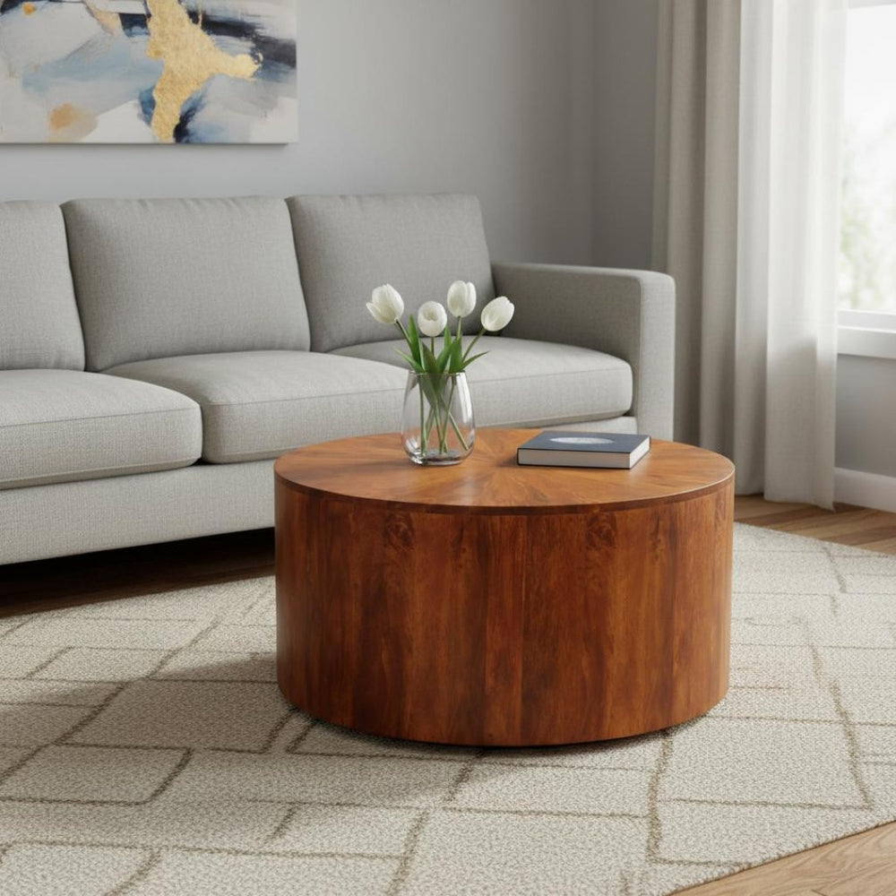 HomeRoots 35" Chestnut Round Drum Coffee Table - Handcrafted Solid Wood, Modern Design, Versatile & Safe for Any Space 657365