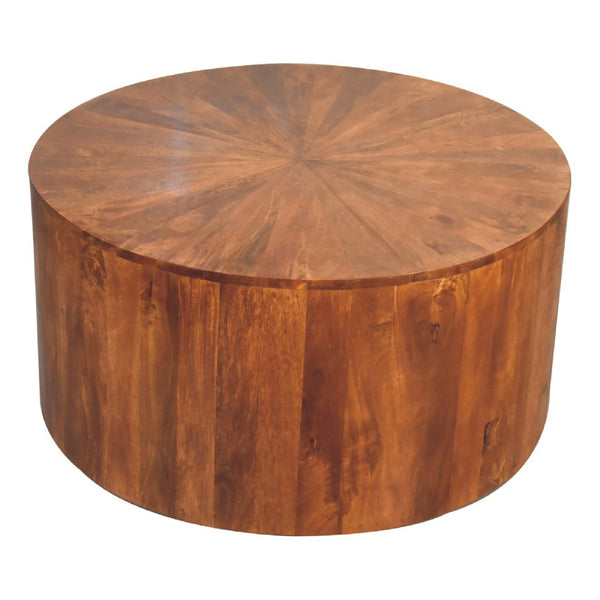 HomeRoots 35" Chestnut Round Drum Coffee Table - Handcrafted Solid Wood, Modern Design, Versatile & Safe for Any Space 657365