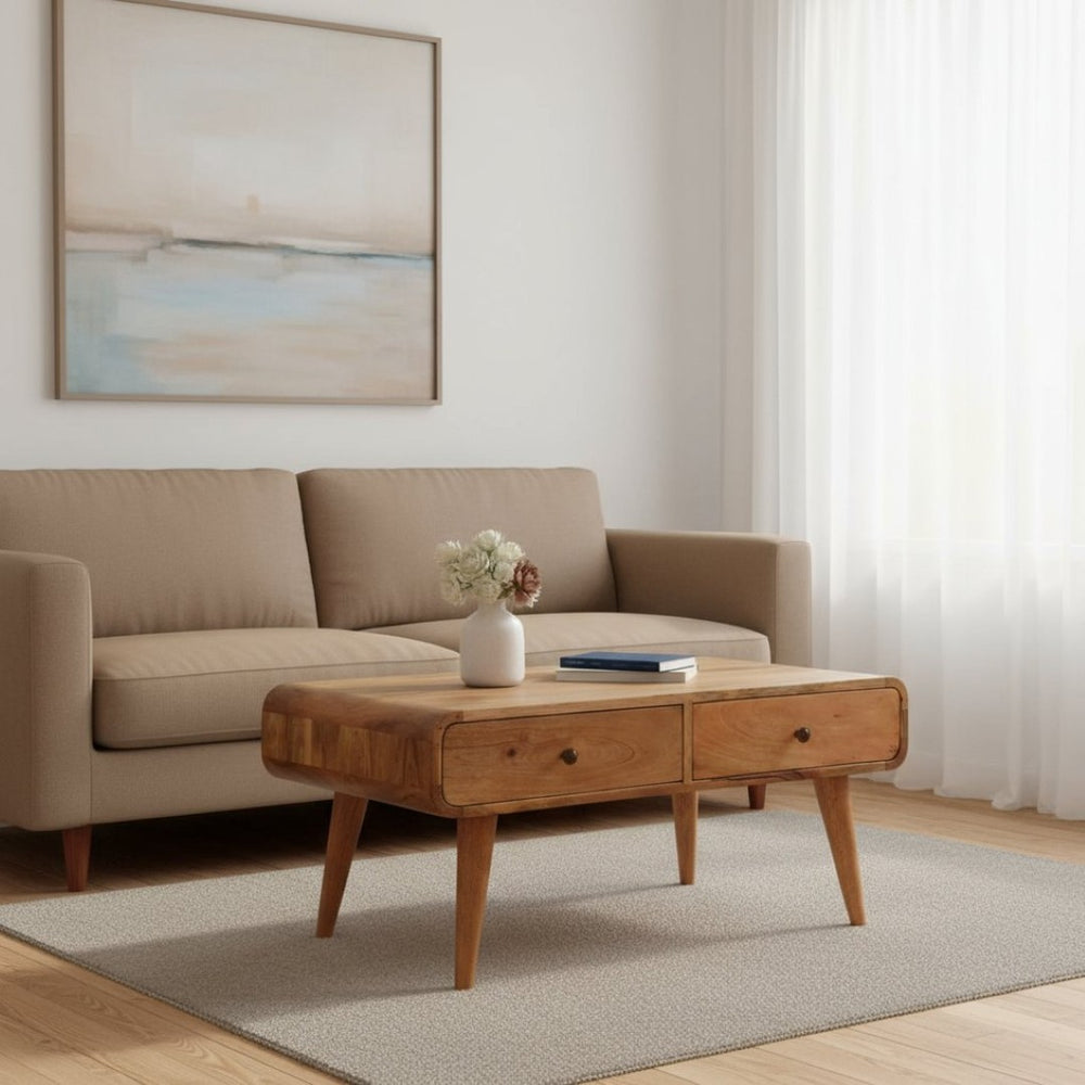 HomeRoots 34" Oak Solid Wood Coffee Table – Elegant Design with 2 Drawers for Stylish Storage in Any Room 657366