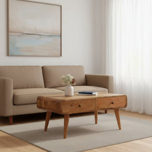 HomeRoots 34" Oak Solid Wood Coffee Table – Elegant Design with 2 Drawers for Stylish Storage in Any Room 657366