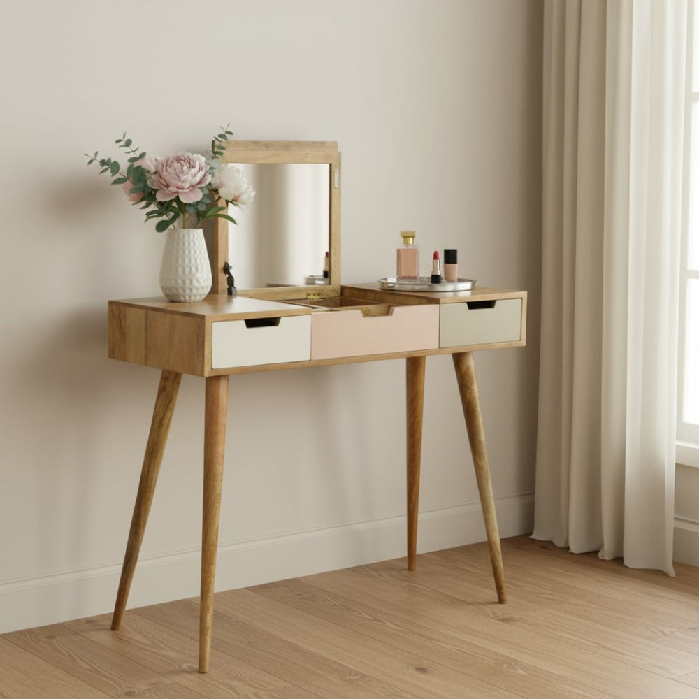 HomeRoots 39" Vintage-Inspired Solid Wood Vanity Table with Mirror - Colorful Two Drawer Design for Small Spaces 657367