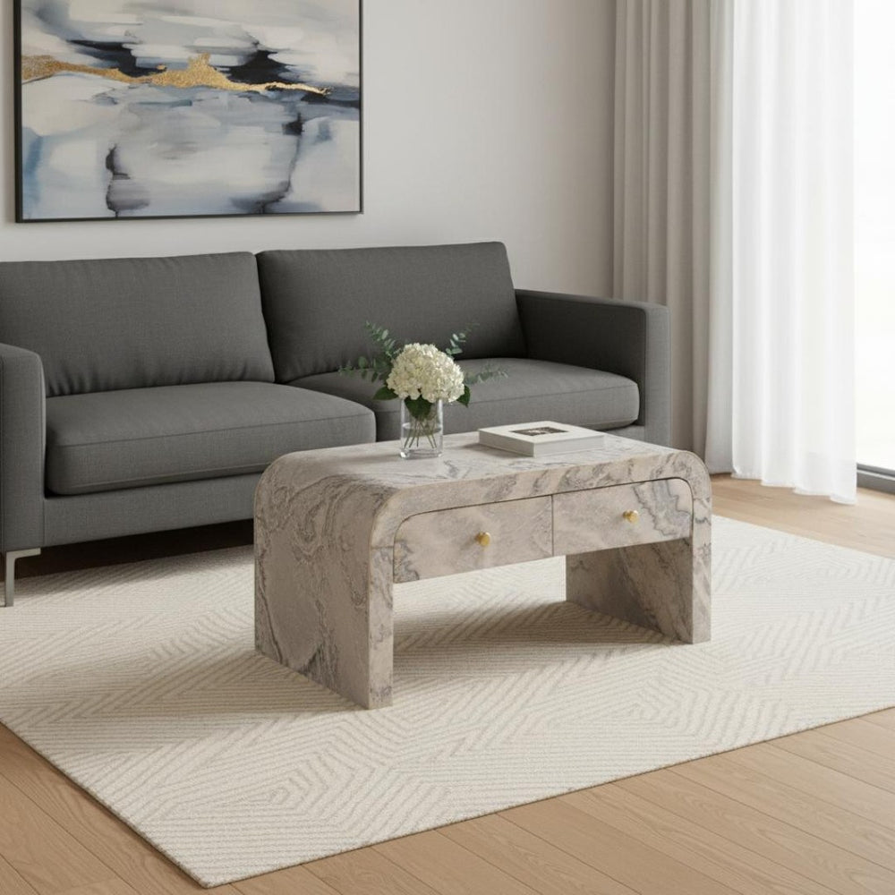 HomeRoots 32" Chic Gray and White Faux Marble Block Coffee Table with 4 Drawers for Modern Living Spaces 657368