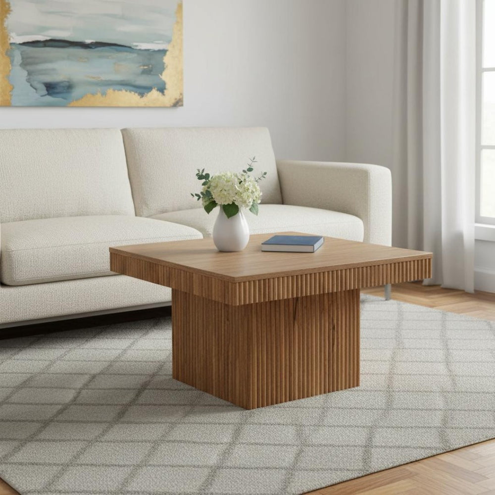 HomeRoots 32" Modern Solid Oak Square Pedestal Coffee Table - Stylish, Durable, and Perfect for Any Space! 657369