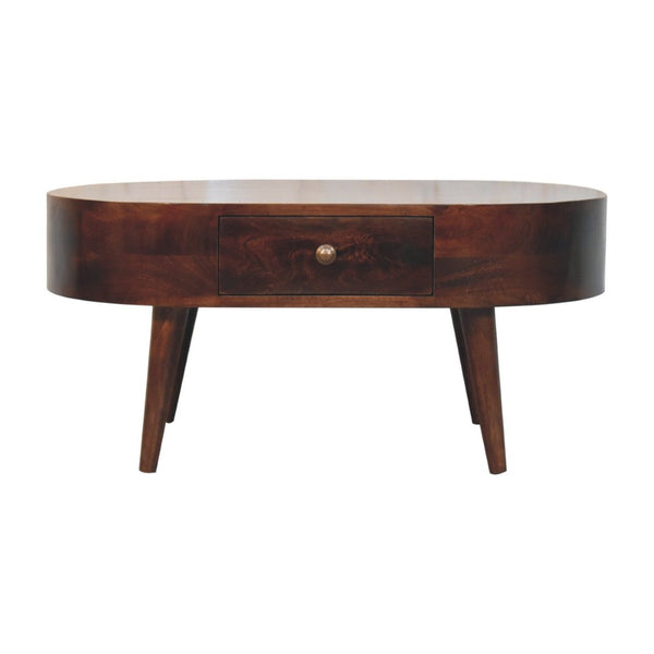 HomeRoots 34" Walnut Solid Wood Oval Coffee Table with Drawer - Timeless Design for Modern Living Spaces 657370