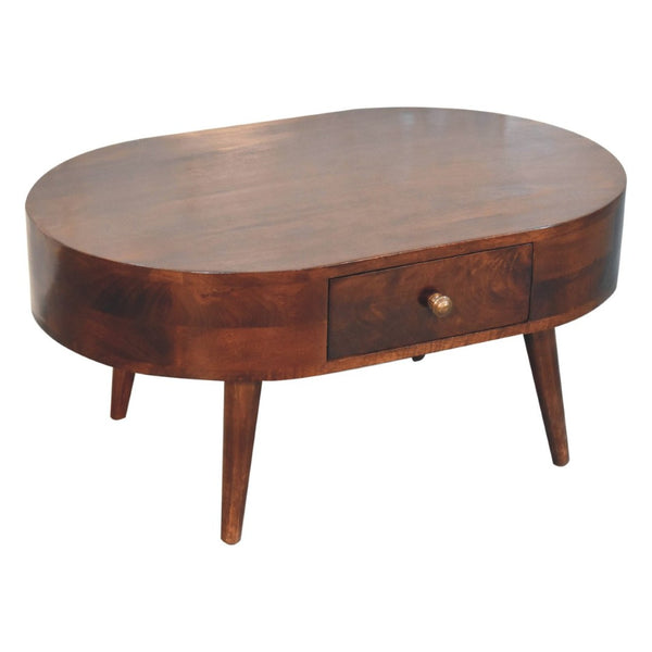 HomeRoots 34" Walnut Solid Wood Oval Coffee Table with Drawer - Timeless Design for Modern Living Spaces 657370